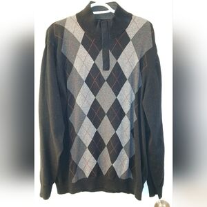 Tasso Elba Black Argyle Quarter‑Zip Sweater | Mock Neck | 100% Cotton | Size L